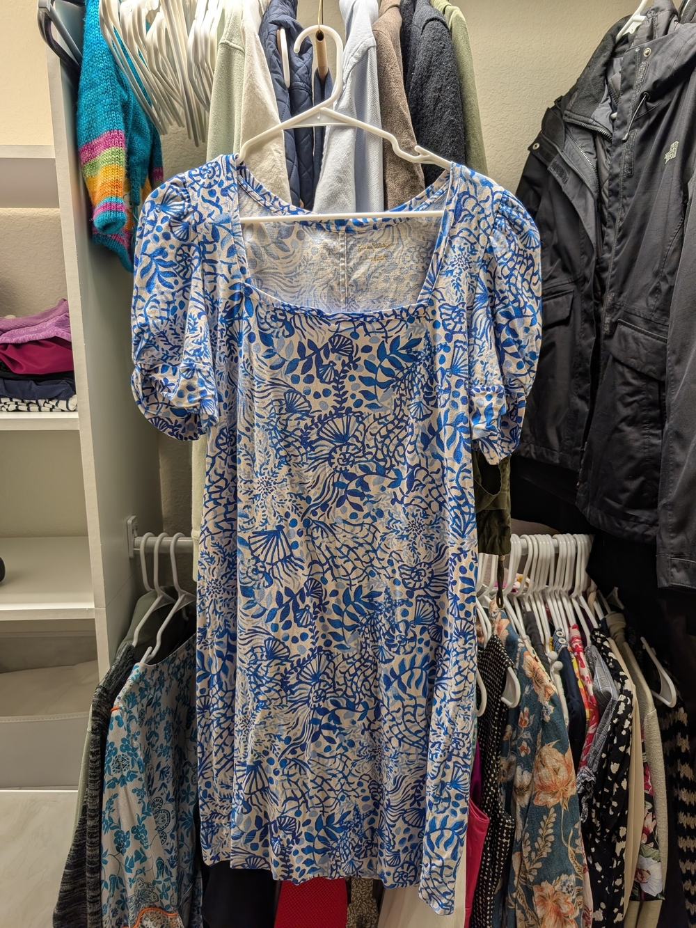Lilly Pulitzer Blue and White Mini Puff Sleeve Dress Size L